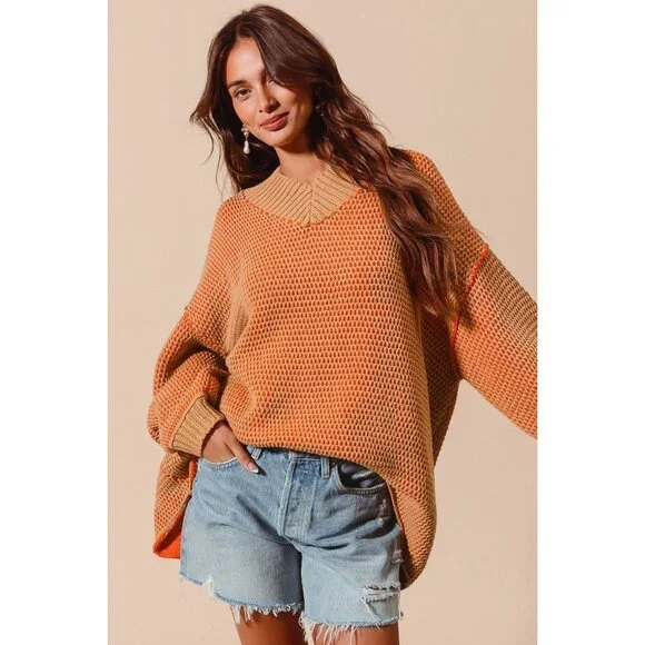 NWT Oversized Orange & Camel Knit Pullover Sweater With Collared Neckline Small - Picture 9 of 9